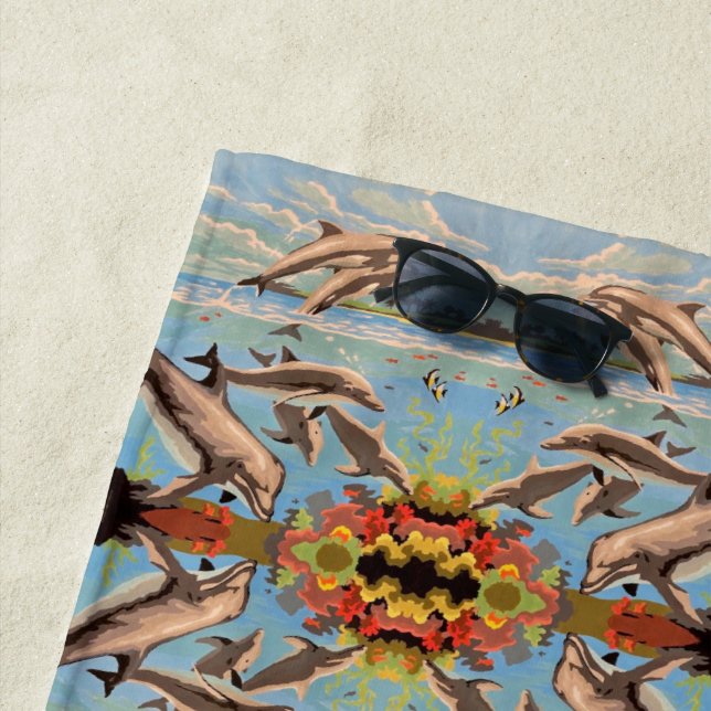 Serviette De Plage Peint À La Main Par Nombre De Dauphins | Carreau m (En situation)