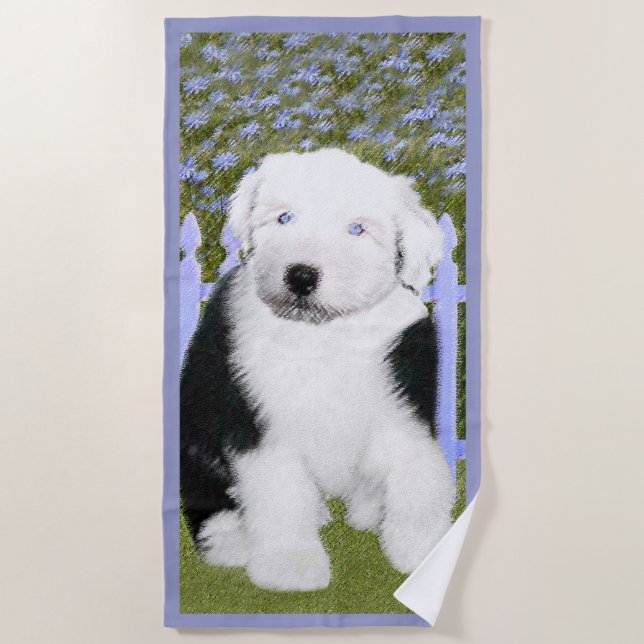 Serviette De Plage Peinture de chiot Old English Sheepdog - Art canin (Devant)
