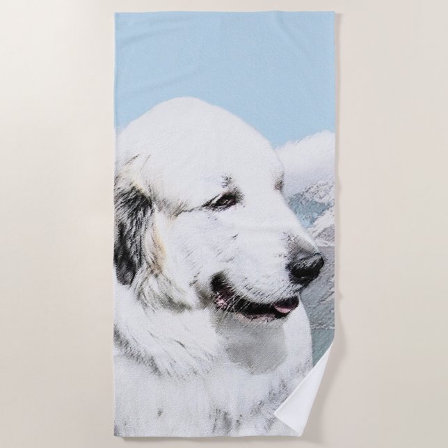 Serviette De Plage Peinture des Pyrénées - Art original du chien (Devant)