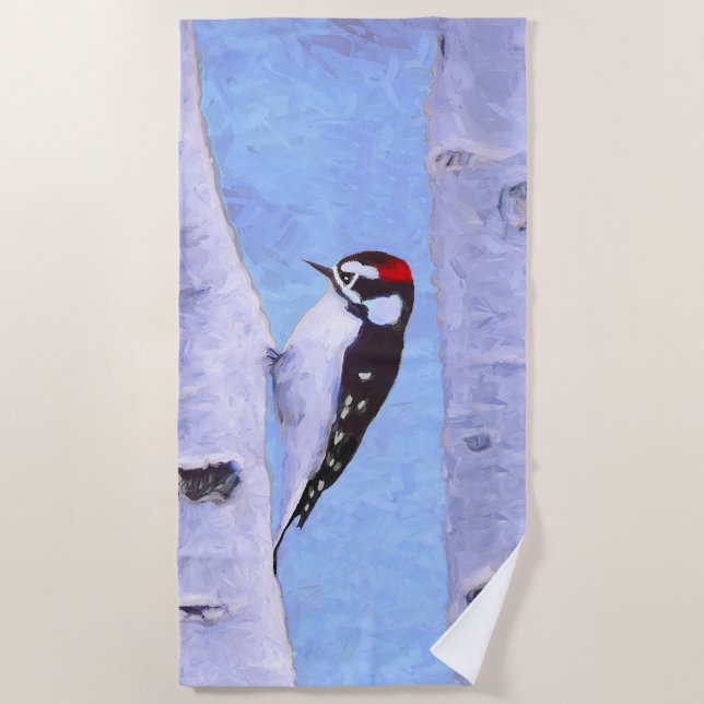 Serviette De Plage Peinture Downy Woodpecker - Art original pour oise (Devant)