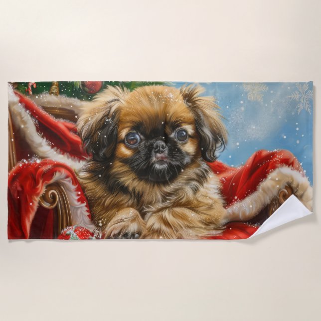 Serviette De Plage Pékinois Noël Festif (Devant)