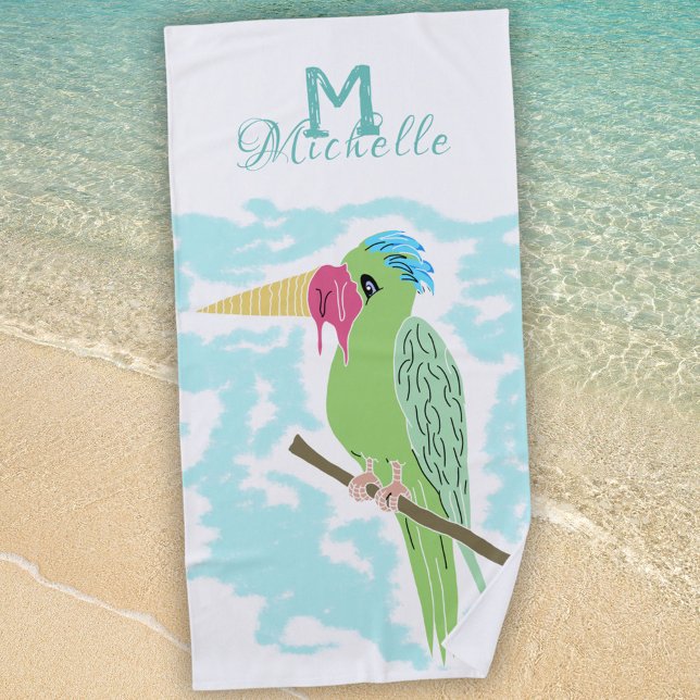 Serviette De Plage Perroquet drôle avec crème glacée Monogramme Nom (Créateur téléchargé)