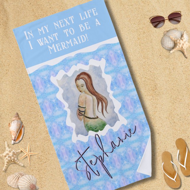 Serviette De Plage Personalized Mermaid Watercolor Boho  (Créateur téléchargé)