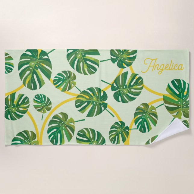 Serviette De Plage Personnalisable Feuille Tropicale et Or (Devant)