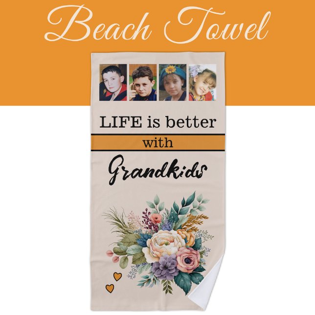 Serviette De Plage Personnalisé 4 petits-enfants photo orangé fleuri (Créateur téléchargé)