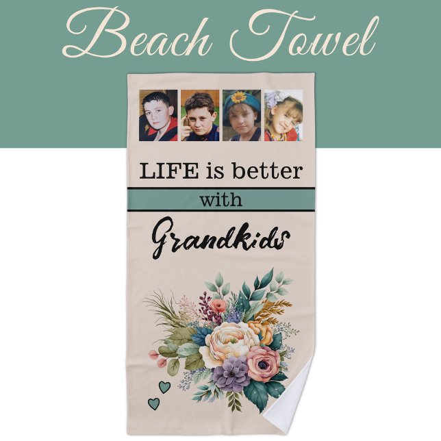 Serviette De Plage Personnalisé 4 petits-enfants photo vert floral (Créateur téléchargé)