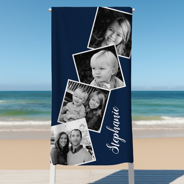 Serviette De Plage Personnalisé 4 Photo Collage Film Strip Navy Blue (Créateur téléchargé)