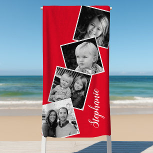 Serviette De Plage Personnalisé 4 Photo Collage Film Strip Rouge