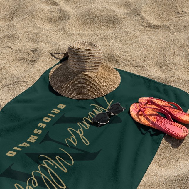 Serviette De Plage Personnalisé avec monogramme moderne vert or (Créateur téléchargé)