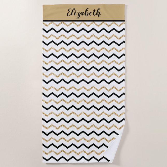 Serviette De Plage Personnalisé Black Gold Blanc Chevron Zig Zag (Devant)