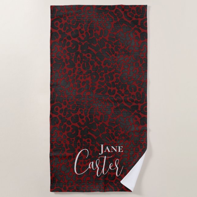 Serviette De Plage Personnalisé Elégant Rouge foncé Leopard (Devant)