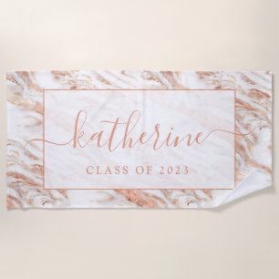 Serviette De Plage Personnalisé Girly Chic Rose en cuivre marbre or