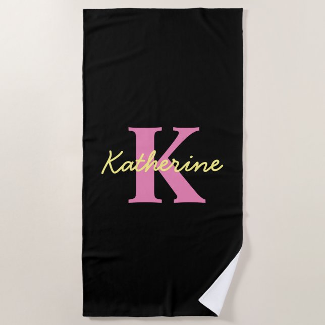Serviette De Plage Personnalisé Monogramme Noir moderne (Devant)