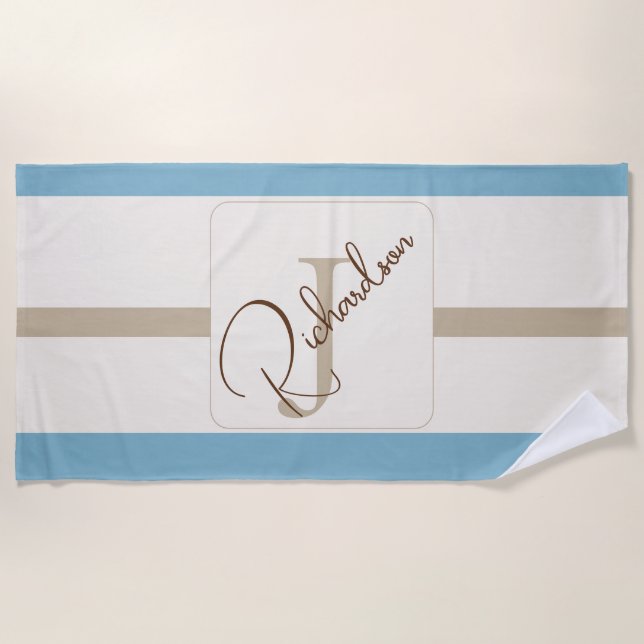 Serviette De Plage Personnalisé Monogramme Rayé Brun Bleu de Style Co (Devant)