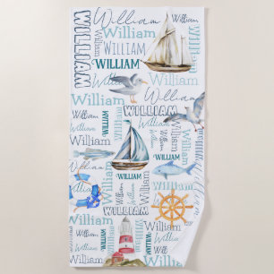 Serviette De Plage Personnalisé nom garçons nautique voile marine