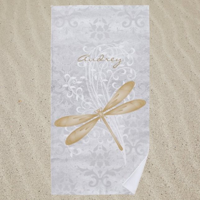 Serviette de plage personnalisée à libellule d'or (Gold Dragonfly Personalized Beach Towel)