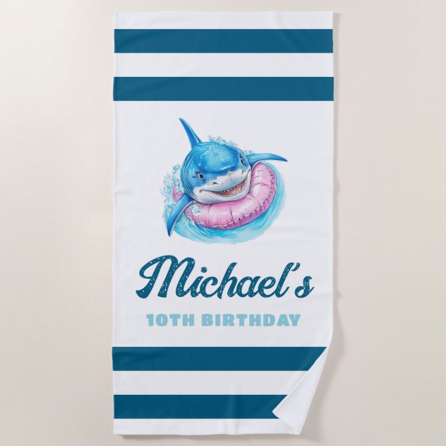 Serviette de plage personnalisée avec rayures bleu (Devant)