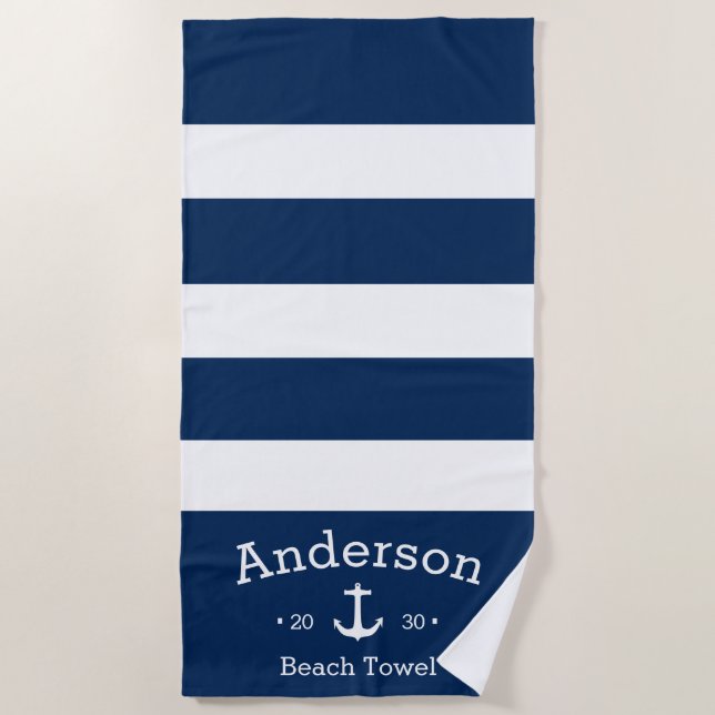Serviette de plage personnalisée - Bleu & Blanc Na (Devant)