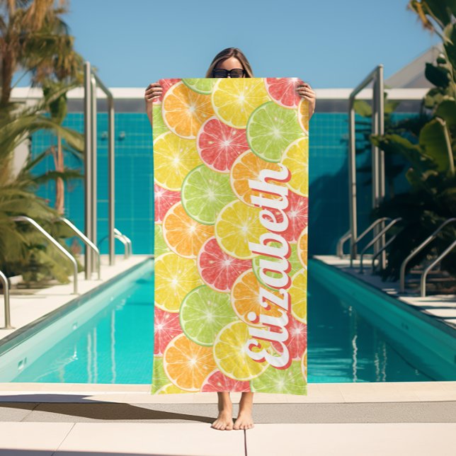 Serviette de plage personnalisée en tranches de ag (Personalized Citrus Slices Beach Towel (white on reverse side))