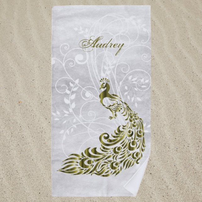 Serviette de plage personnalisée Gold Peacock (Gold Peacock Personalized Beach Towel)