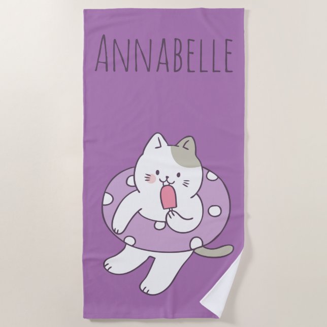 Serviette de plage personnalisée Kitty Violet (Devant)