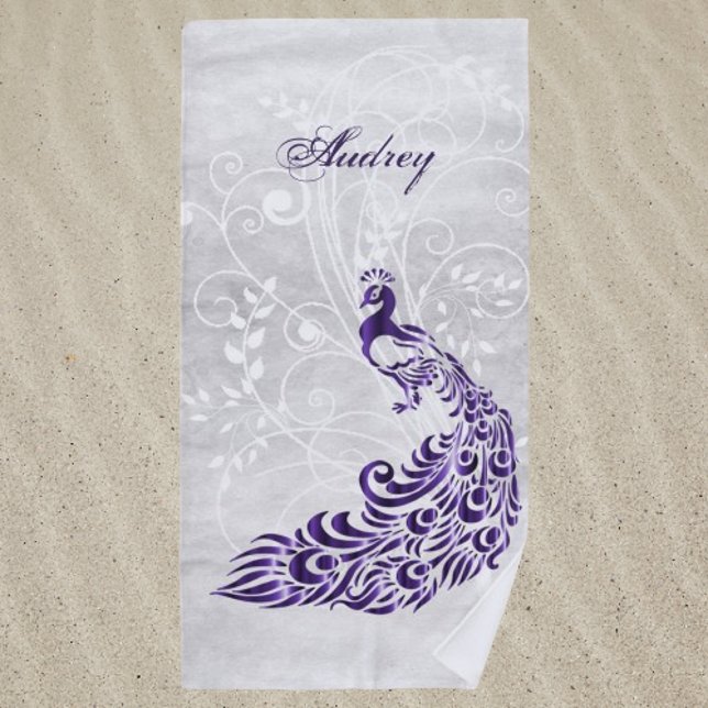 Serviette de plage personnalisée Peacock violet (Purple Peacock Personalized Beach Towel)