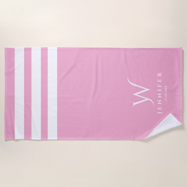 Serviette de plage personnalisée rayures roses (Devant)