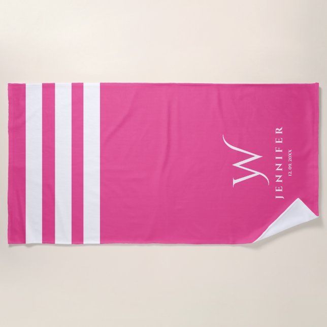 Serviette de plage personnalisée rayures roses (Devant)