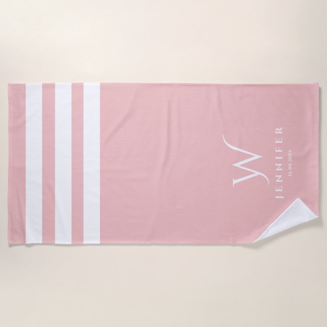 Serviette de plage personnalisée rayures roses béb (Devant)