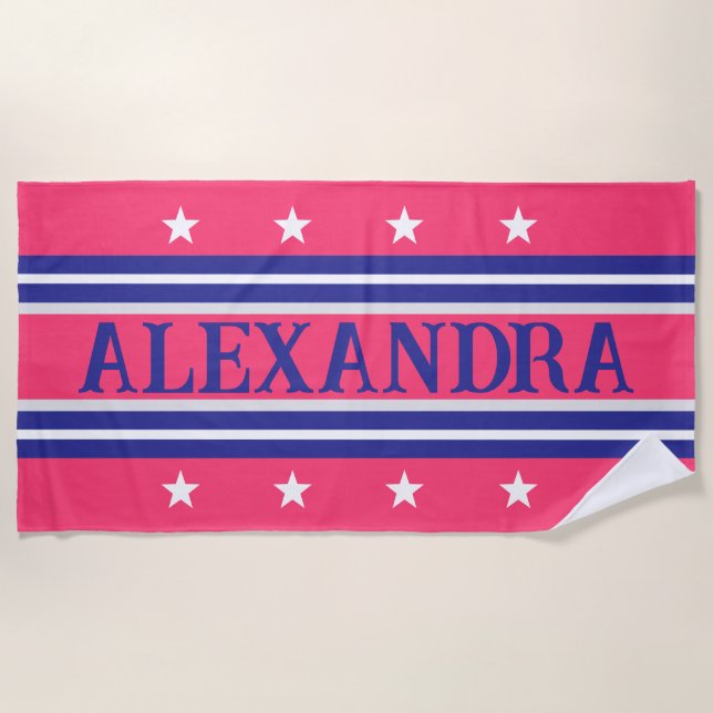Serviette de plage personnalisée rose et marine pr (Devant)