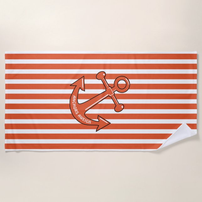 Serviette De Plage Personnaliser Orange Cabana Stripes Ancre (Devant)