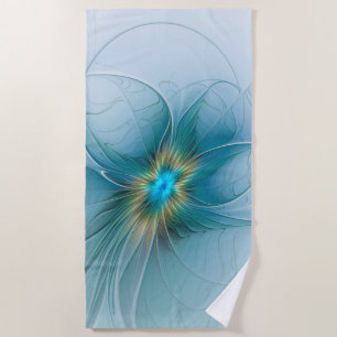Serviette De Plage Petite Beauté Moderne Bleu Or Fractal Art Flower