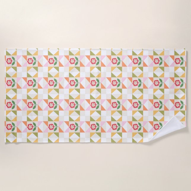 Serviette De Plage Petite fleur rouge bloc de patchwork (Devant)