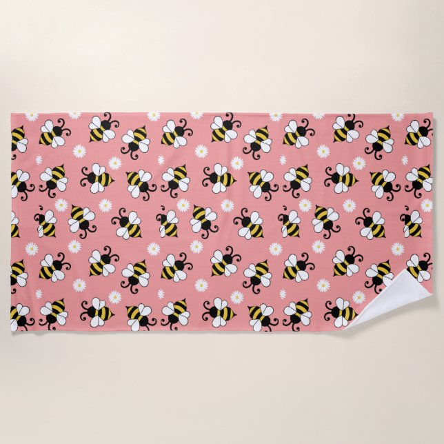 Serviette De Plage Petites abeilles mignonnes et fleurs marguerites m (Devant)