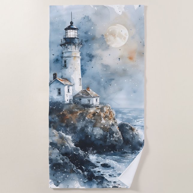Serviette De Plage Phare Lumineux sur la côte rocheuse (Devant)