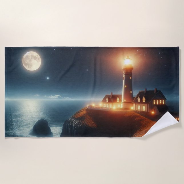 Serviette De Plage Phare nautique/côtier la nuit avec lune (Devant)