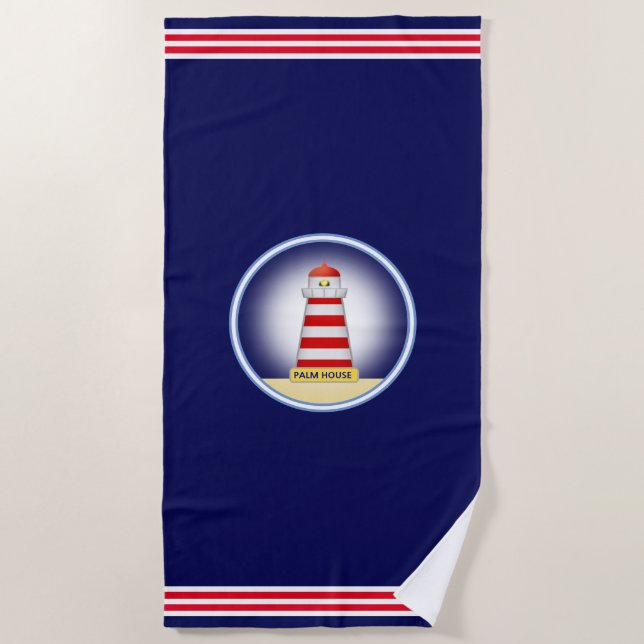 Serviette De Plage Phare nautique moderne sur fond bleu marine (Devant)
