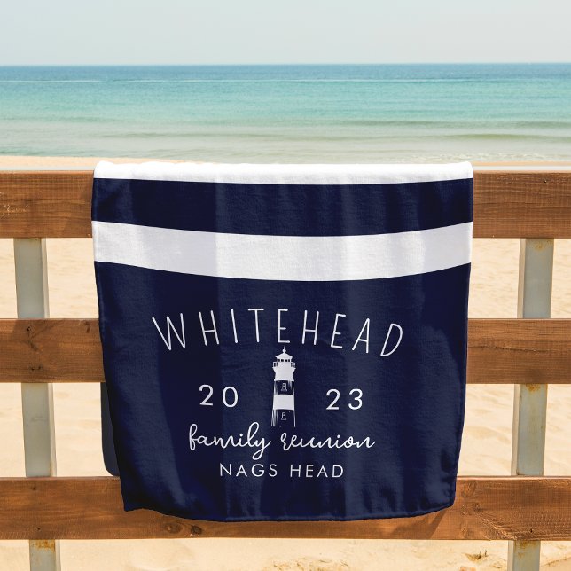 Serviette De Plage Phare nautique Navy & Rayure blanche Monogramme (Créateur téléchargé)