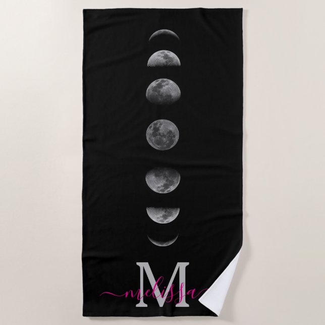 Serviette De Plage Phases de la Lune | Nom Personnalisé Céleste (Devant)