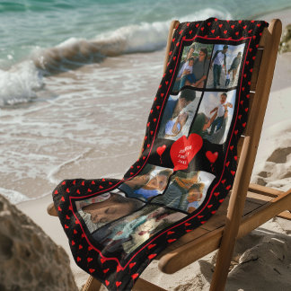 Serviette De Plage Photo Collage Famille Personnalisée Red Heart & Na