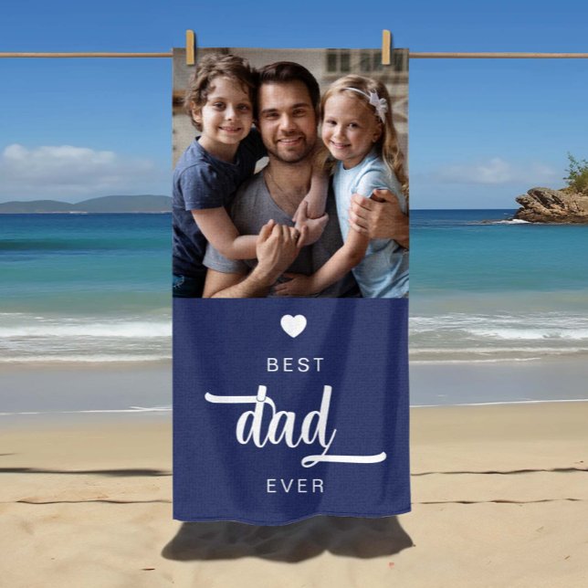 Serviette De Plage Photo Moderne Meilleur Papa Ever Bleu (Modern Photo Best Dad Ever Blue Beach Towel)