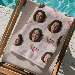 Serviette De Plage Photo personnalisée sur visage et cocktail   Rose 