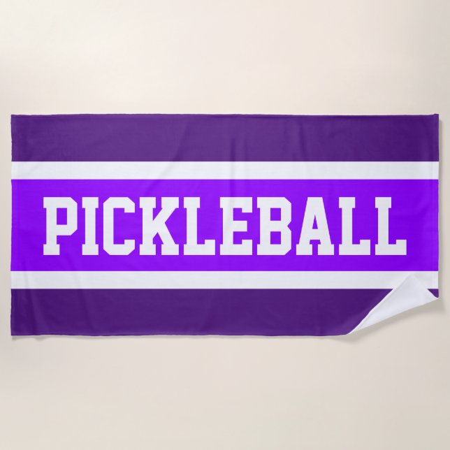 Serviette De Plage PICKLEBALL brillant violet blanc rayures de course (Devant)