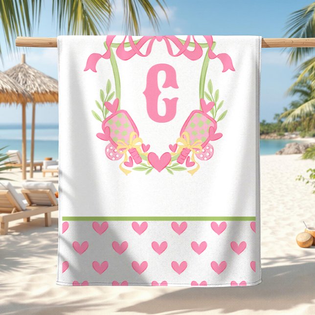 Serviette De Plage Pickleball rose et vert Paddle Monogram Crest (Créateur téléchargé)