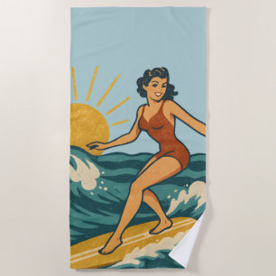 Serviette De Plage Pin-Up Surfeur Rétro Californien Graphisme Surf