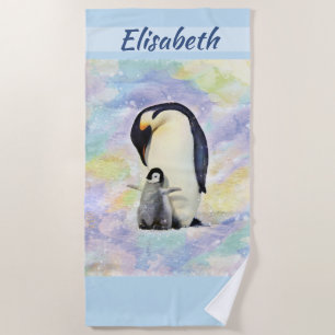 Serviette De Plage Pingouin d'empereur avec l'aquarelle de poussin de