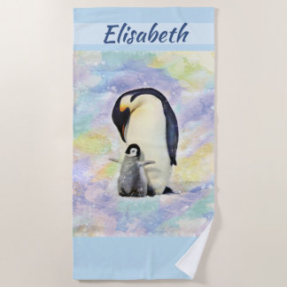 Serviette De Plage Pingouin d'empereur avec l'aquarelle de poussin de