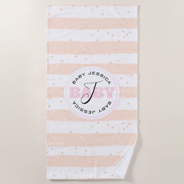 Serviette De Plage Pink and White Monogrammed Baby Stripes (Devant)