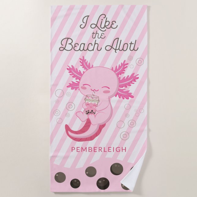 Serviette De Plage Pink Axolotl Boba Tea Stripes (Devant)