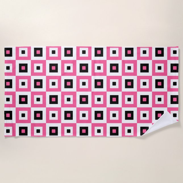 Serviette De Plage Pink Black and White Checkered Squares Pattern (Devant)